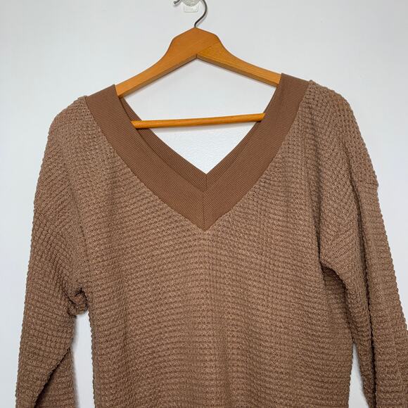 Adreamly women's brown v-neck waffle knit oversize long sleeve top Small - Picture 4 of 8